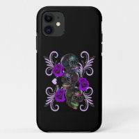 Triple Black Day Of The Dead Skulls Purple Roses