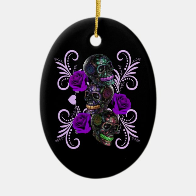 Triple Black Day Of The Dead Skulls Purple Roses Ceramic Ornament (Front)