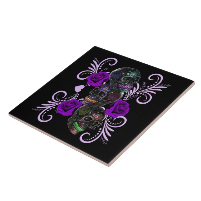 Triple Black Day Of The Dead Skulls Purple Roses Ceramic Tile (Side)