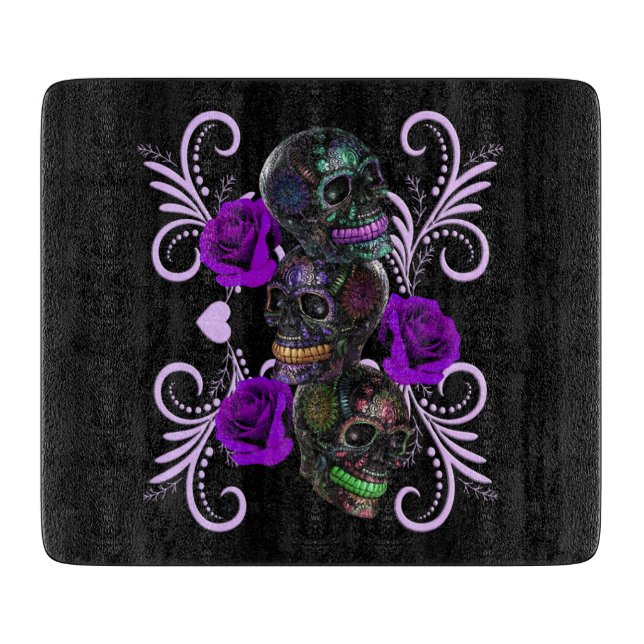 Triple Black Day Of The Dead Skulls Purple Roses Cutting Board (Front)