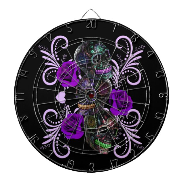 Triple Black Day Of The Dead Skulls Purple Roses Dartboard (Front)