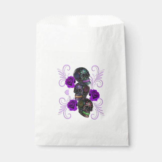 Triple Black Day Of The Dead Skulls Purple Roses Favour Bag (Front)