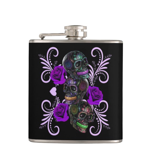Triple Black Day Of The Dead Skulls Purple Roses Hip Flask (Front)