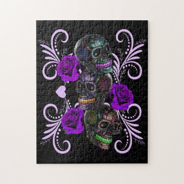 Triple Black Day Of The Dead Skulls Purple Roses Jigsaw Puzzle (Vertical)