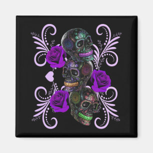 Triple Black Day Of The Dead Skulls Purple Roses Magnet