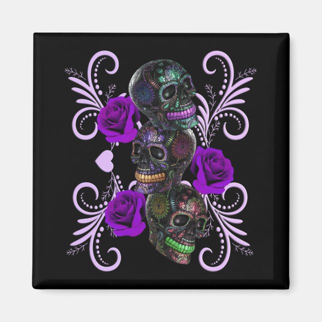Triple Black Day Of The Dead Skulls Purple Roses Magnet (Front)