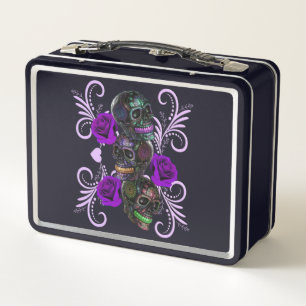 Triple Black Day Of The Dead Skulls Purple Roses Metal Lunch Box
