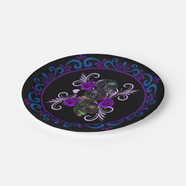 Triple Black Day Of The Dead Skulls Purple Roses Paper Plate (Angled)
