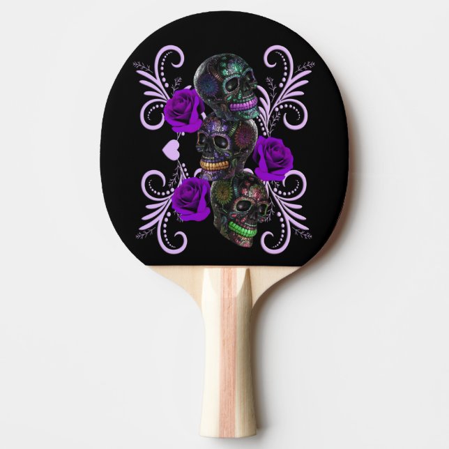 Triple Black Day Of The Dead Skulls Purple Roses Ping Pong Paddle (Front)