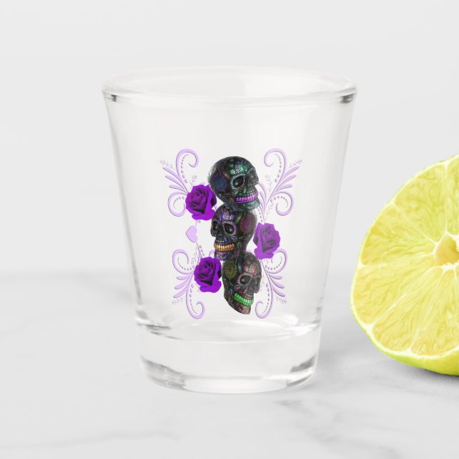 Triple Black Day Of The Dead Skulls Purple Roses Shot Glass (Front)