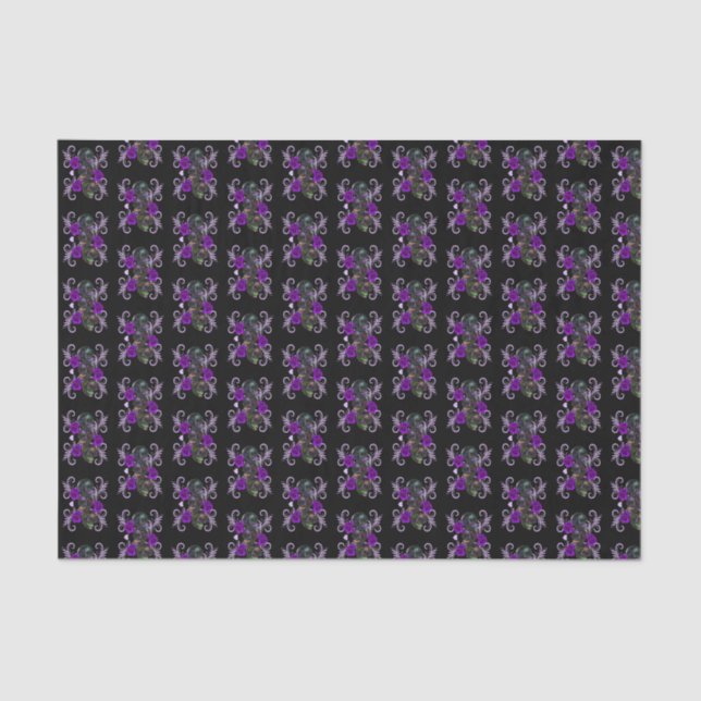 Triple Black Day Of The Dead Skulls Purple Roses Tissue Paper (Front)