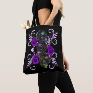 Triple Black Day Of The Dead Skulls Purple Roses Tote Bag