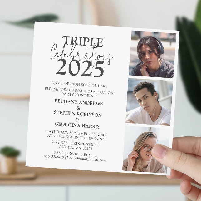 Triple Celebration 3 Photo Graduation Invitation (Creator Uploaded)