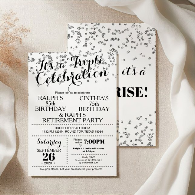 Triple Celebration Confetti Faux Silver Invitation (Creator Uploaded)