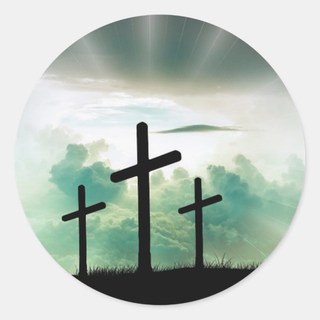 Triple Cross with Blue Sky Backdrop Classic Round Sticker (Front)