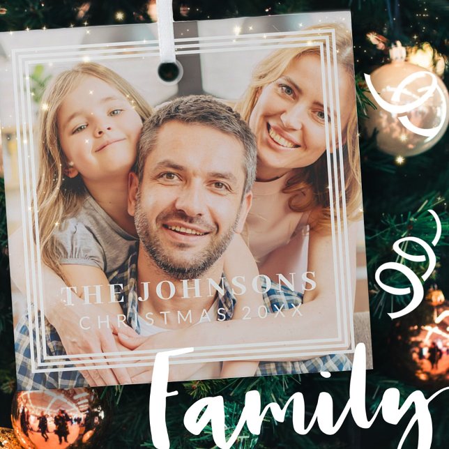 Triple Frame Modern Chic Family Photo Holiday Glass Tree Decoration (Creator Uploaded)