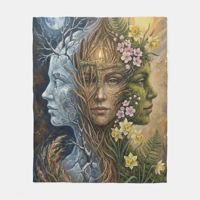 Triple Goddess Winter to Spring Imbolc Fantasy Art Fleece Blanket (Front)