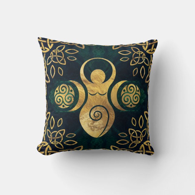 Triple Goddess with triskele - gold and green Cushion (Front)