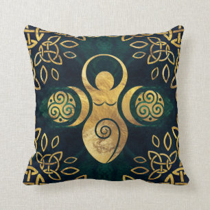 Triple Goddess with triskele - gold and green Cushion