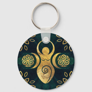 Triple Goddess with triskele - gold and green Key Ring