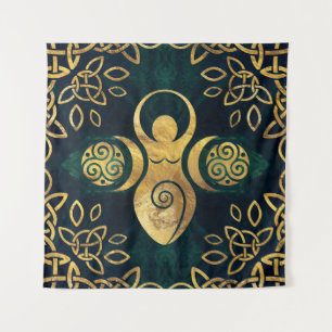 Triple Goddess with triskele - gold and green Tapestry