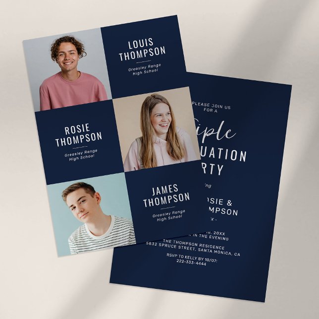 Triple Grad 3 Photo Navy Graduation Party Invitation (Creator Uploaded)