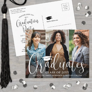 Triple Graduation Party Modern 3 Photo Collage Invitation Postcard