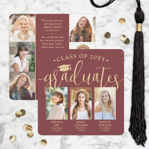 Triple Graduation Photo Collage Burgundy Red Joint Announcement