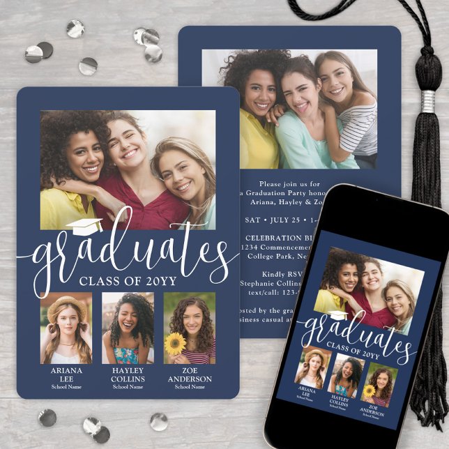 Triple Graduation Photo Collage Navy & White Joint Announcement (Creator Uploaded)