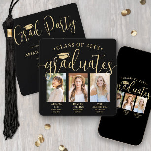 Triple Graduation Photos Black & Gold Joint Party Invitation