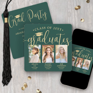 Triple Graduation Photos Green & Gold Joint Party Invitation