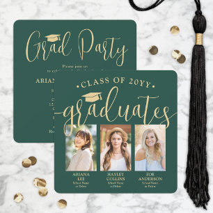 Triple Graduation Photos Green & Gold Joint Party Invitation