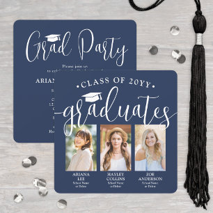 Triple Graduation Photos Navy & White Joint Party Invitation