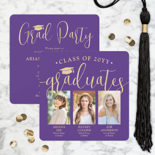 Triple Graduation Photos Purple & Gold Joint Party Invitation