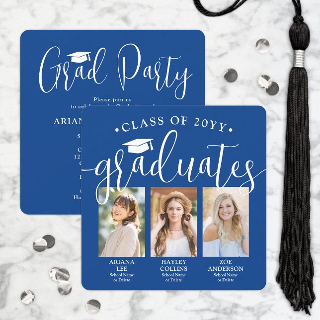 Triple Graduation Photos Royal Blue Joint Party Invitation (Creator Uploaded)