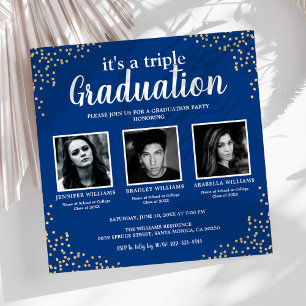 Triple Graduation Three Photo Blue Party Invitation