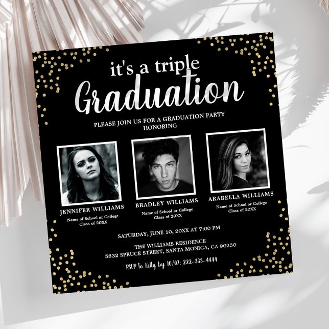 Triple Graduation Three Photo Party Invitation (Creator Uploaded)