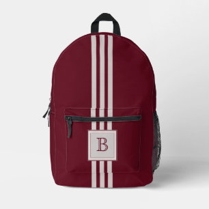 Triple Grey Stripe on Autumn Burgundy w Monogram Printed Backpack