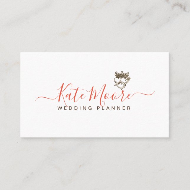 Triple Hearts Crown Script Wedding Planner Business Card (Front)