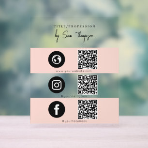 Triple Icon & QR Code Business Social Media Pink Acrylic Sign