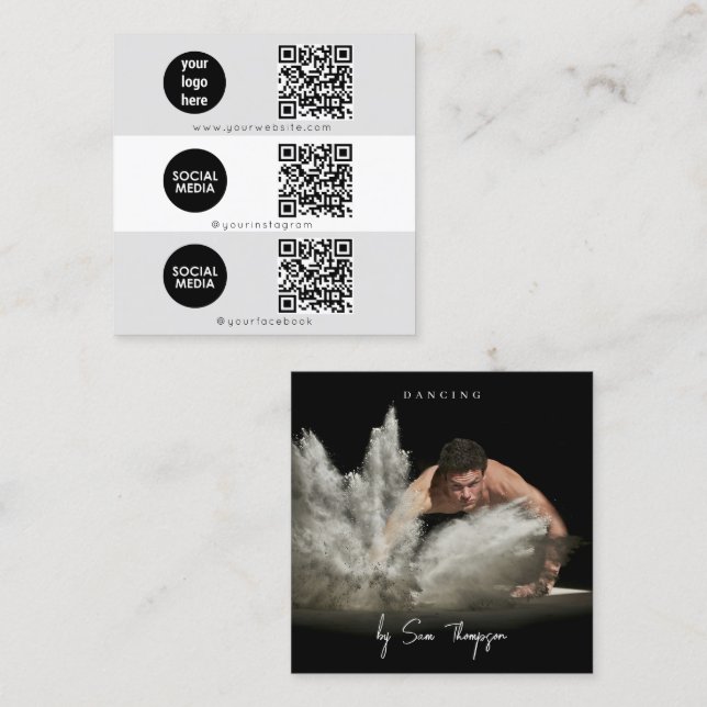 Triple Icon QR Code Custom Social Media Logo Dance Square Business Card (Front/Back)