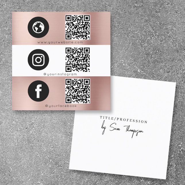 Triple Icon QR Code Social Media Rose Gold Square Business Card (Triple Icon QR Code Social Media Rose Gold Square Business Card)