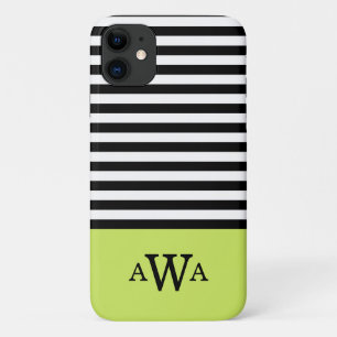 Triple Letter Monogram Green Black White Stripes iPhone 11 Case
