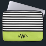 Triple Letter Monogram Green Black White Stripes Laptop Sleeve<br><div class="desc">Trendy,  chic,  girly,  black and white striped pattern with lime green colour block border featuring a triple monogram template for you to easily personalise with your first,  last and middle name initial letters.</div>