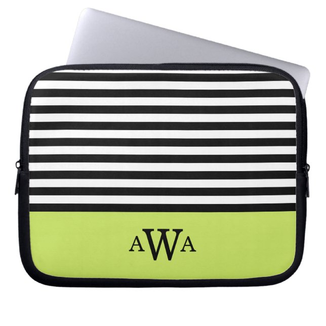 Triple Letter Monogram Green Black White Stripes Laptop Sleeve (Front)