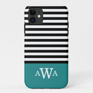 Triple Letter Monogram Teal Black White Stripes iPhone 11 Case