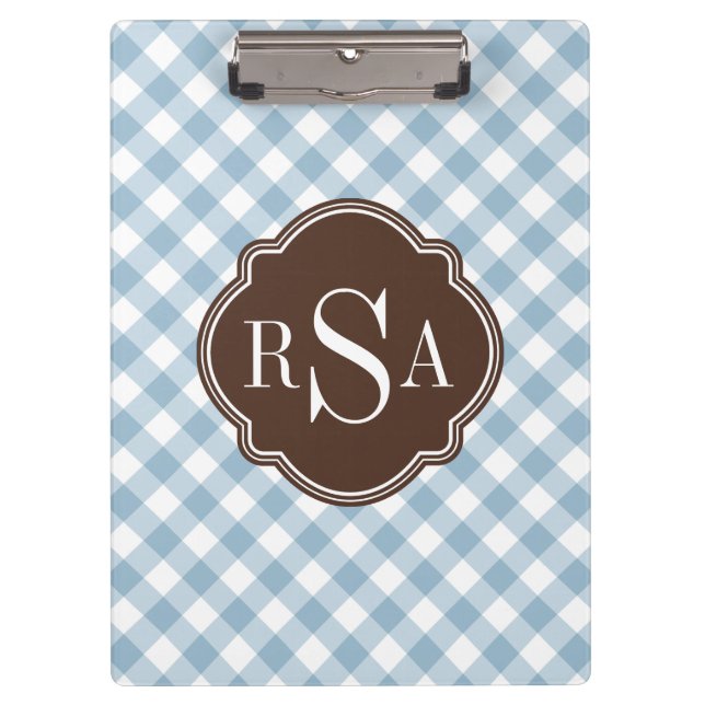 Triple Monogram Brown Blue Gingham Pattern Clipboard (Front)