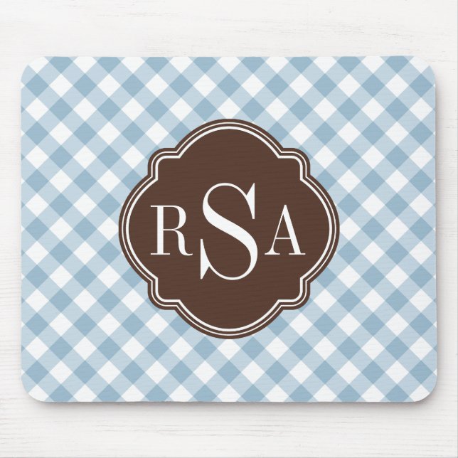 Triple Monogram Brown Blue Gingham Pattern Mouse Pad (Front)