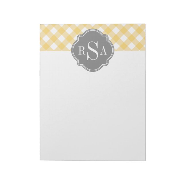 Triple Monogram Grey Yellow Gingham Pattern Notepad (Rotated)