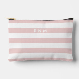 Triple Monogram on Blush Pink and White Stripes Accessory Pouch